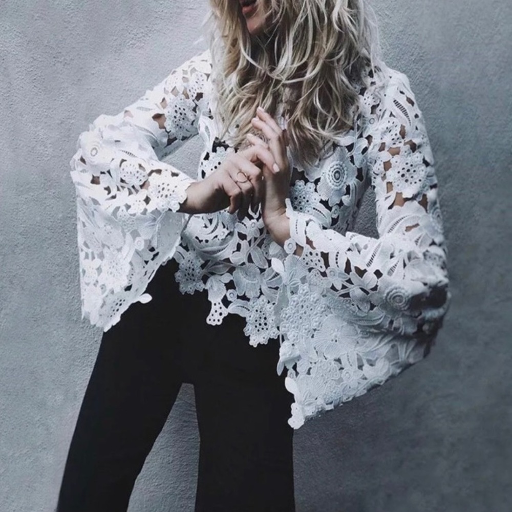 White Lace Bell Sleeve Top